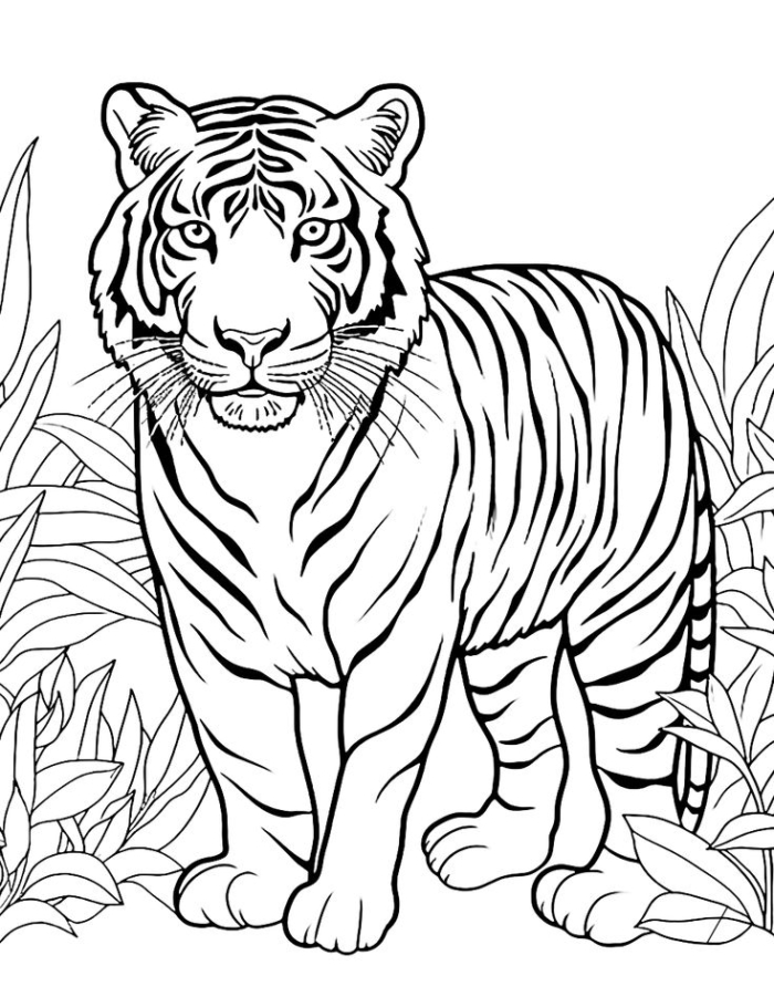 A tiger standing in the grass coloring page for all ages