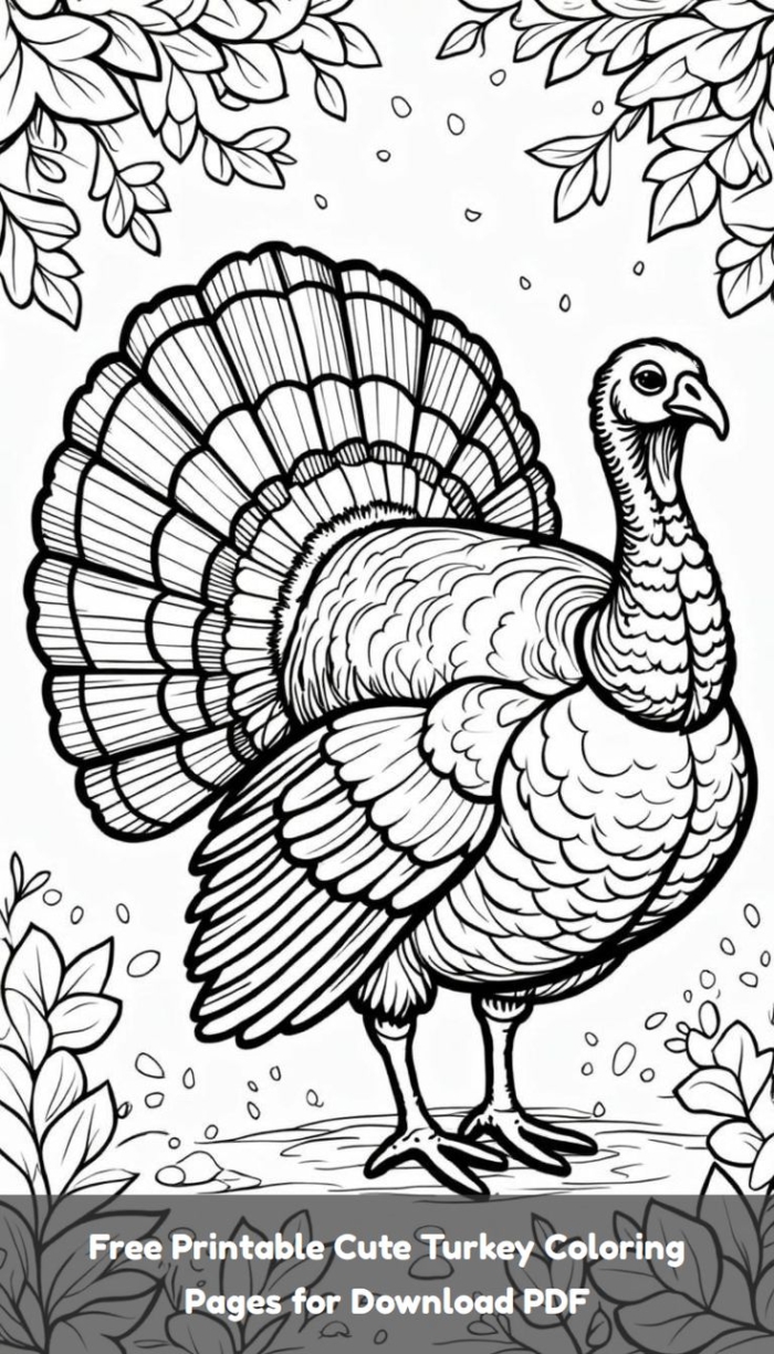 A turkey coloring page with leaves and flowers around it, featuring a background image of autumn scenery