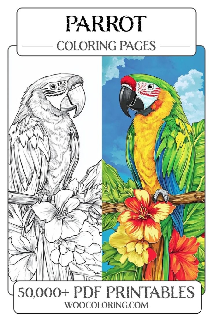 A vibrant parrot coloring page with flowers and intricate details