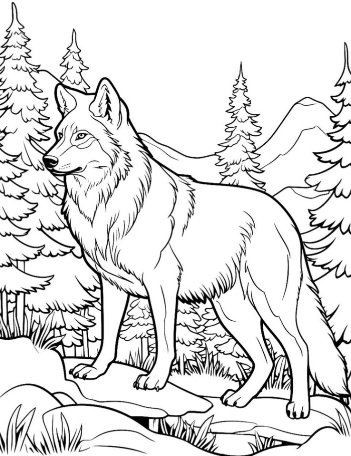 A wolf in the woods coloring page A wolf in the woods coloring page