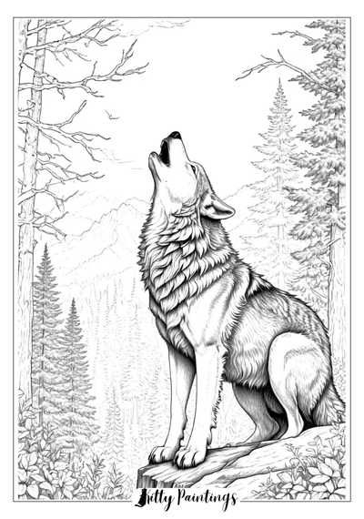 A wolf looking up at the sky with trees behind it A wolf looking up at the sky with trees behind it