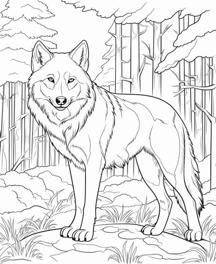 A wolf standing in the woods coloring page A wolf standing in the woods coloring page