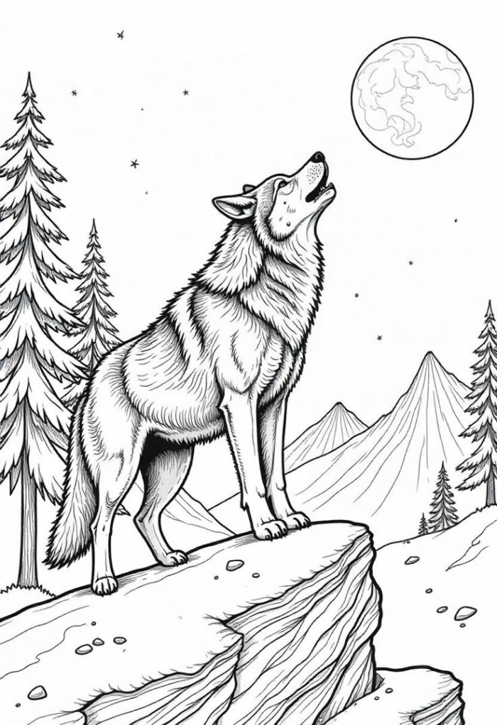 A wolf standing on a mountain top for coloring A wolf standing on a mountain top for coloring