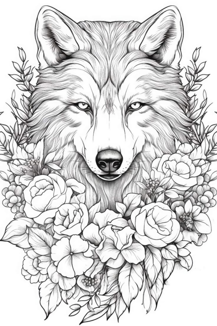 A wolf with flowers around it for coloring A wolf with flowers around it for coloring