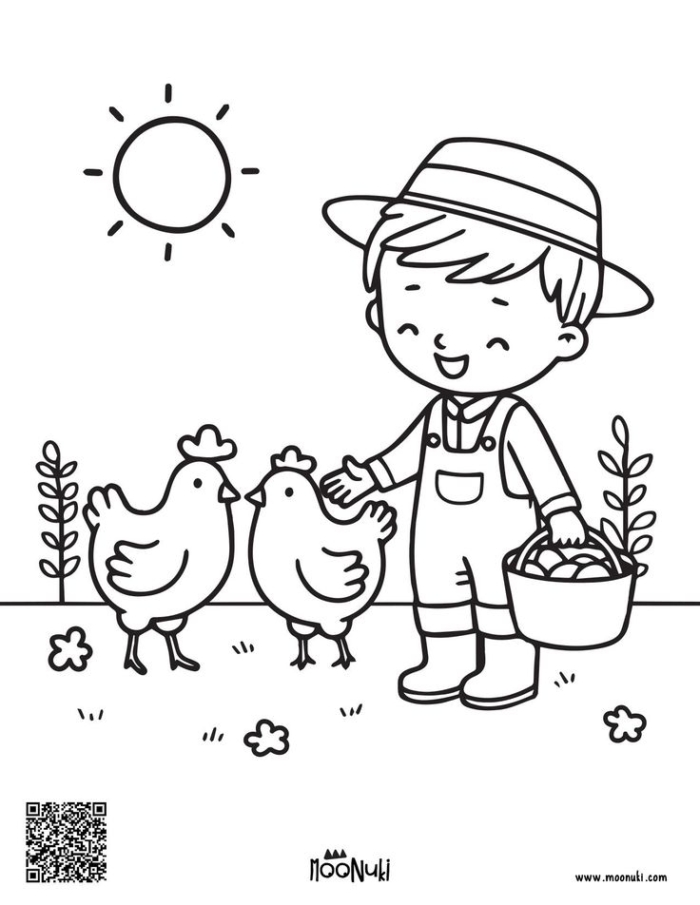 A young boy feeding chickens in a field with the sun and clouds above, suitable for coloring A young boy feeding chickens in a field with the sun and clouds above, suitable for coloring