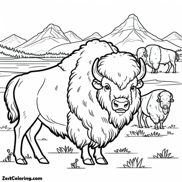 An adult bison and two calves in the wild with mountains in the background coloring page for kids