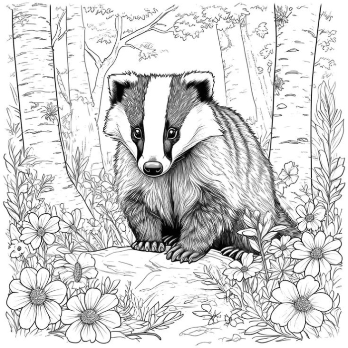 An adult coloring page of a badger in the woods with flowers and trees