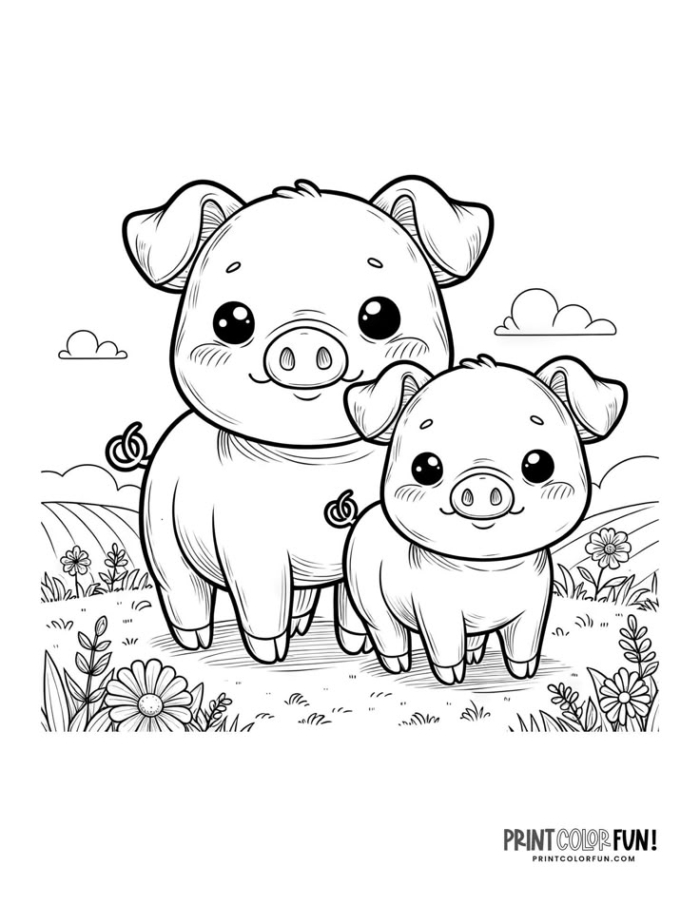 An adult pig and her piglet standing in a grassy field with flowers behind them An adult pig and her piglet standing in a grassy field with flowers behind them