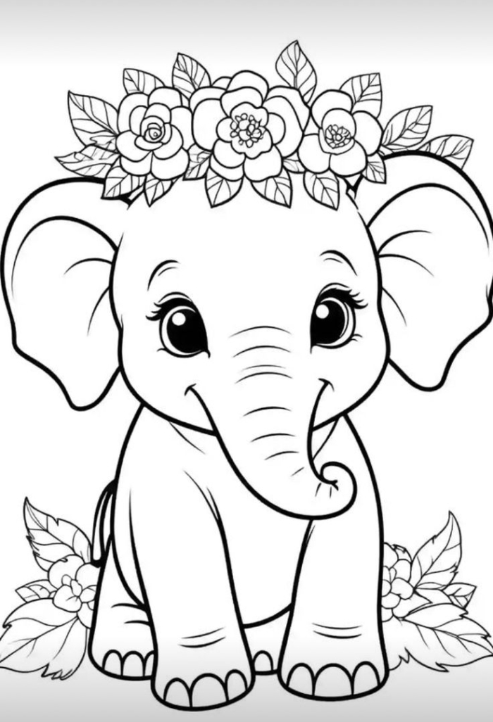 An elephant with flowers on its head for coloring page