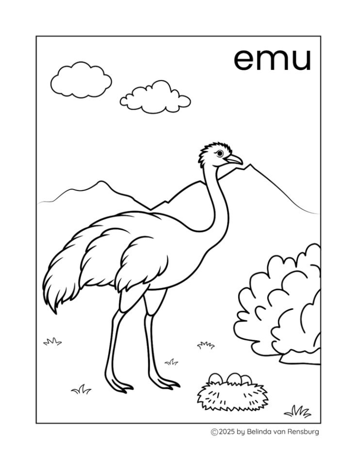 An emu standing in the grass coloring page An emu standing in the grass coloring page