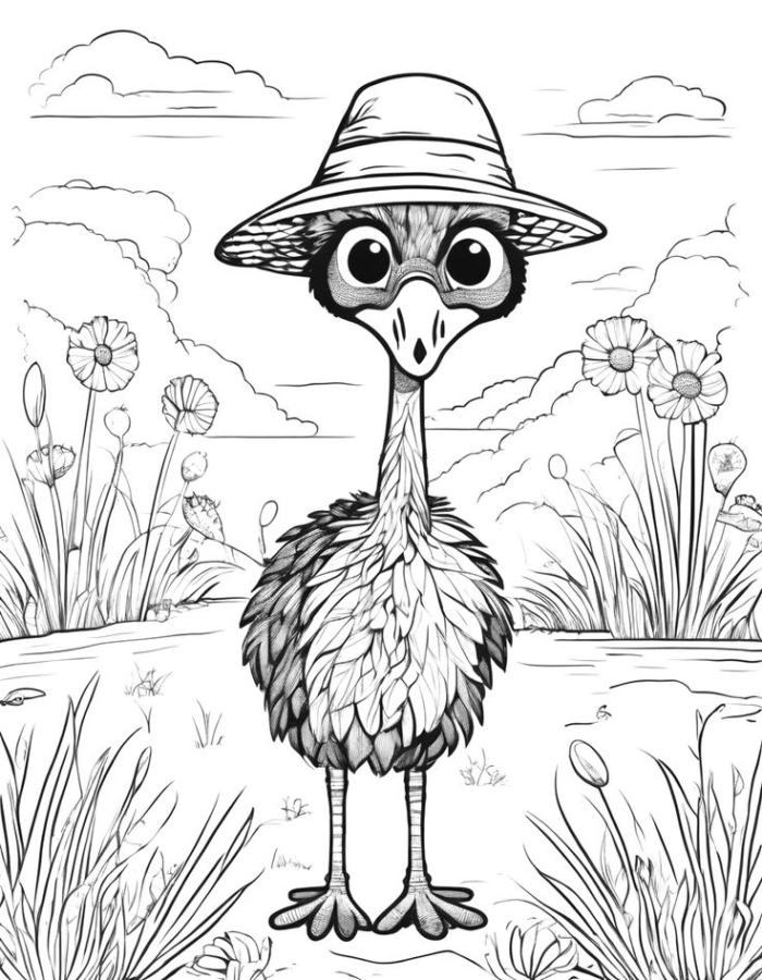 An ostrich with a hat standing in the grass