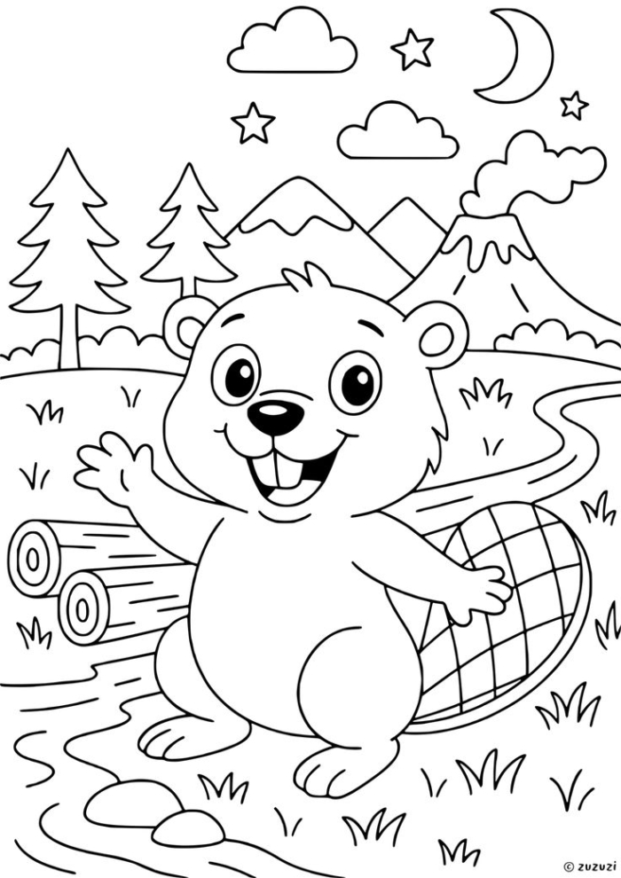 Beaver cartoon coloring page, a cute beaver ready to build a dam, ideal for kids' coloring fun, available as a free pdf download