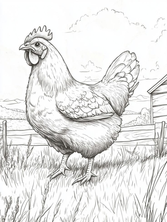 Black and white drawing of a chicken standing in the grass next to a fence for coloring Black and white drawing of a chicken standing in the grass next to a fence for coloring