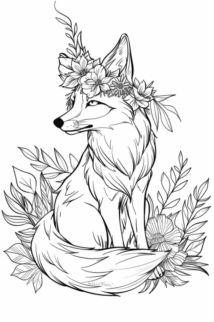 Black and white drawing of a fox with flowers on its head for coloring Black and white drawing of a fox with flowers on its head for coloring