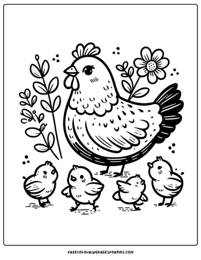 Black and white drawing of a hen with her chicks for coloring page Black and white drawing of a hen with her chicks for coloring page