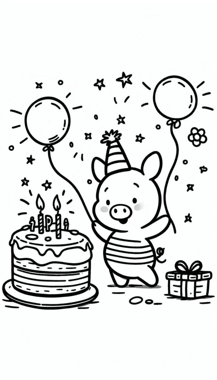 Black and white drawing of a pig with a birthday cake for coloring Black and white drawing of a pig with a birthday cake for coloring