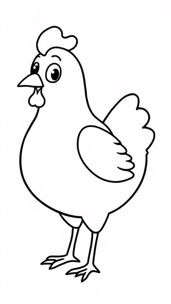 Black and white outline of a chicken holding an egg in its beak Black and white outline of a chicken holding an egg in its beak