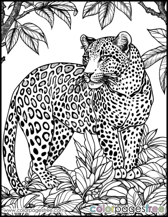Black and white outline of a leopard in the jungle for coloring