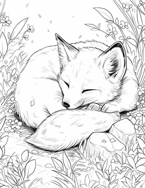 Colorful woodland animal and mushroom coloring page for adults.