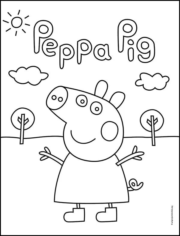 Coloring page featuring peppa pig with trees in the background and the words peppa pig Coloring page featuring peppa pig with trees in the background and the words peppa pig