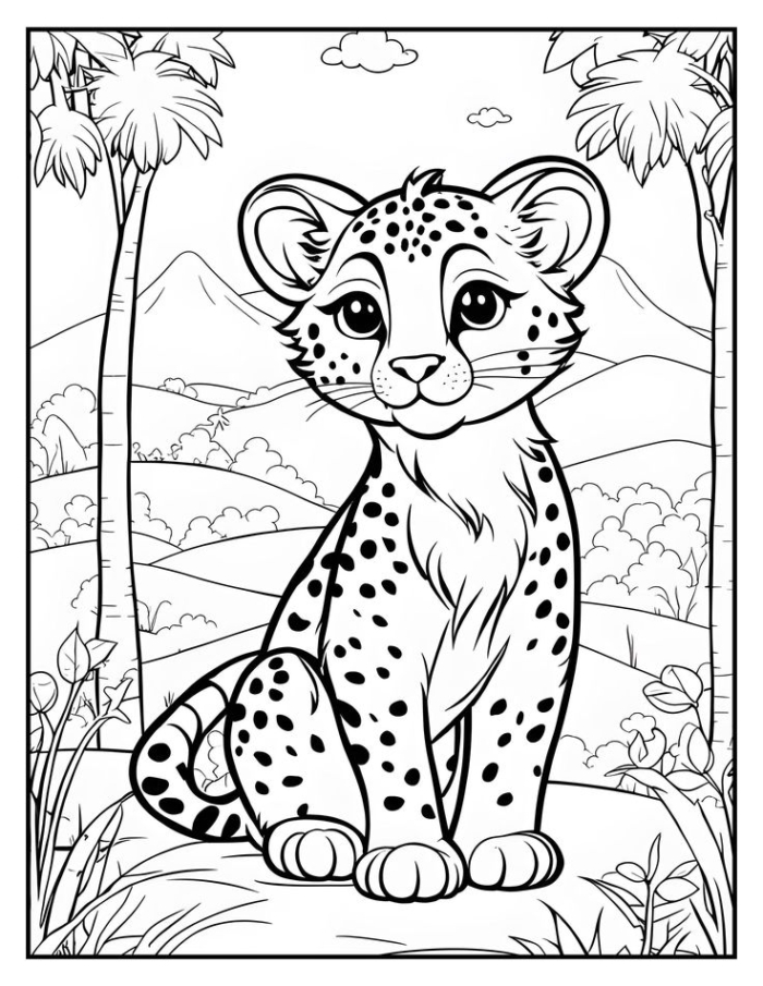 Cute baby cheetah coloring page for kids to enjoy and learn about animals