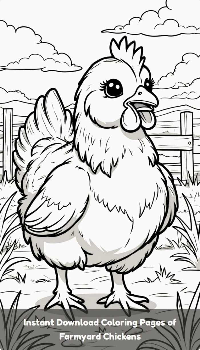 Farmyard chicken coloring page, instant download Farmyard chicken coloring page, instant download
