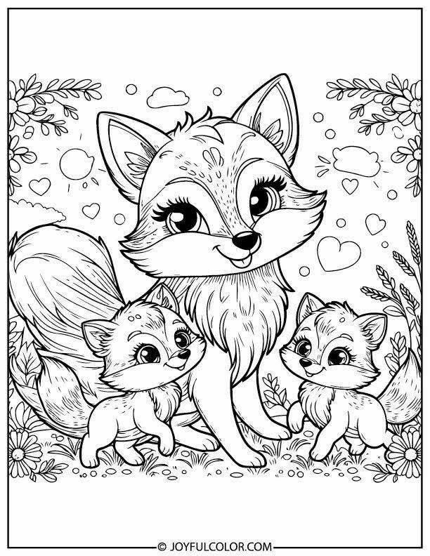 Fox and her cubs coloring page Fox and her cubs coloring page