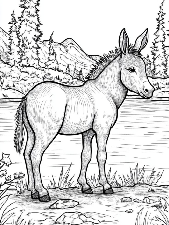 Horse in front of a lake with mountains and trees coloring page Horse in front of a lake with mountains and trees coloring page