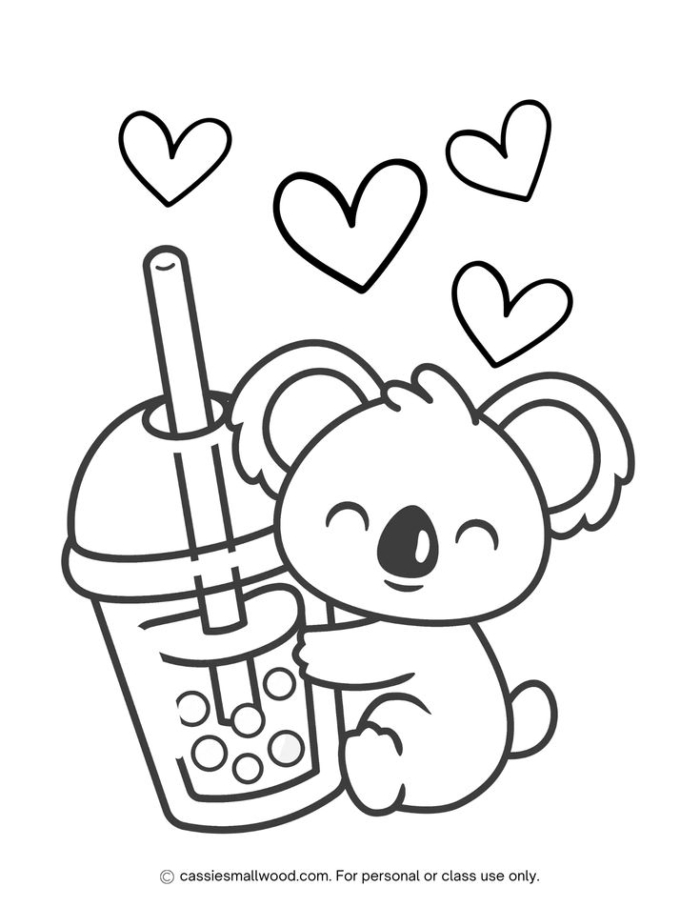 Koala and boba tea coloring page for kids, free printable pdf