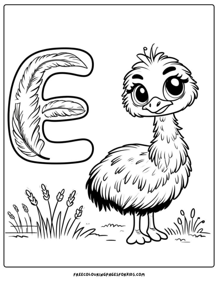 Letter e with an ostrich for kids to color Letter e with an ostrich for kids to color