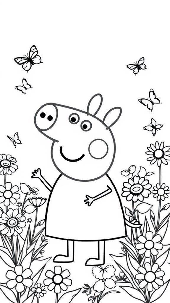 Pep the pig standing among flowers and butterflies Pep the pig standing among flowers and butterflies