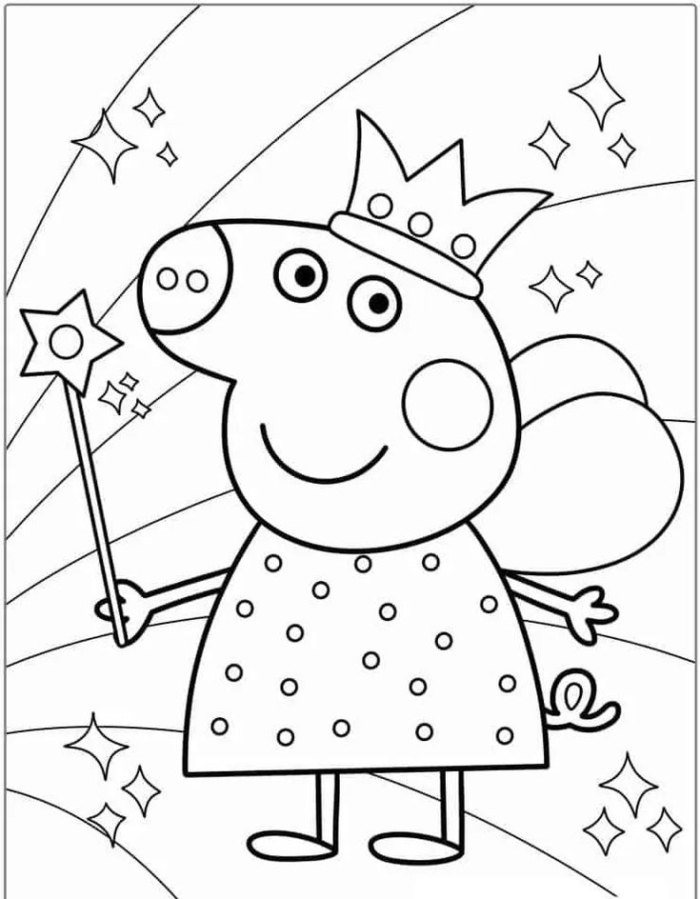 Peppa pig coloring page with stars and sparkles on her head, holding a wand Peppa pig coloring page with stars and sparkles on her head, holding a wand