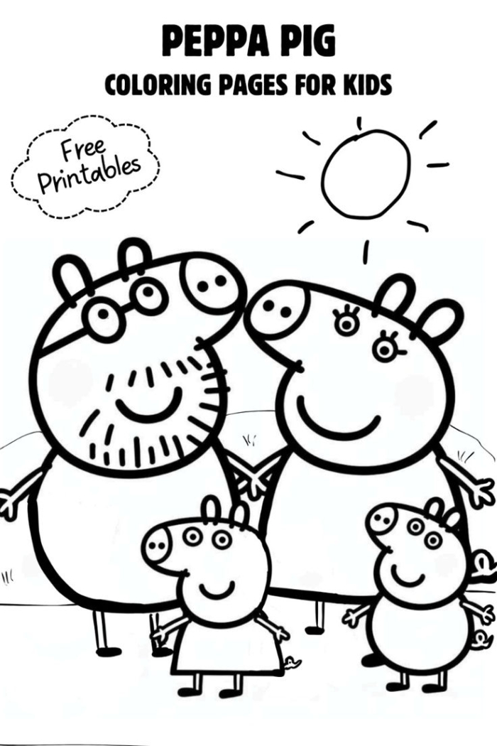 Peppa pig coloring page with three pigs and the sun in the background Peppa pig coloring page with three pigs and the sun in the background
