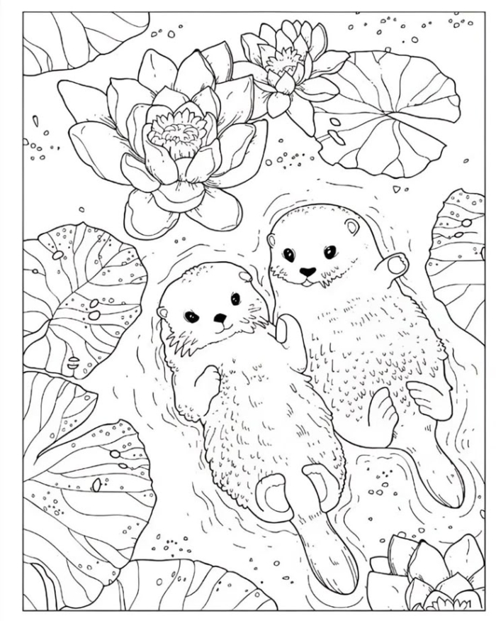 Two otters in the water with lily pads and flowers, one holding its baby