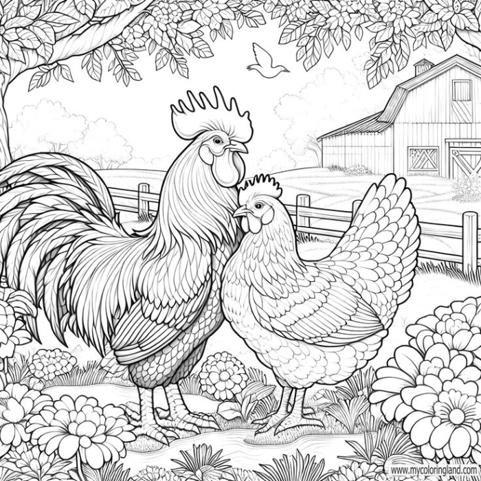 Two roosters standing together in front of a tree and fence with flowers Two roosters standing together in front of a tree and fence with flowers