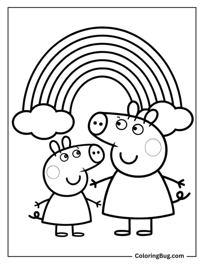 Two small pigs in front of a rainbow for coloring Two small pigs in front of a rainbow for coloring