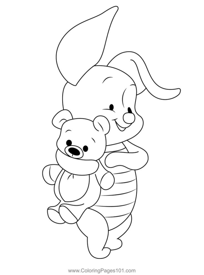 Winnie the pooh hugging her teddy bear coloring page