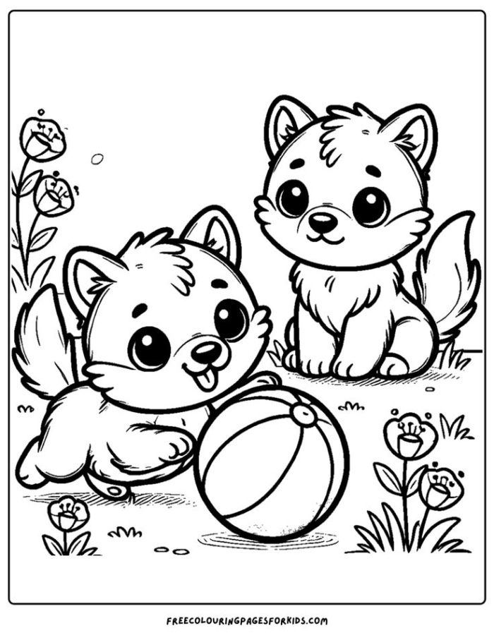 Wolf cubs playing with a ball coloring page alt image Wolf cubs playing with a ball coloring page alt image