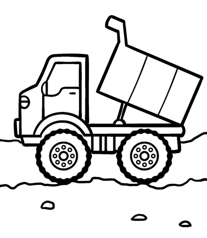 A black and white drawing of a dump truck in the dirt with wheels for a coloring page
