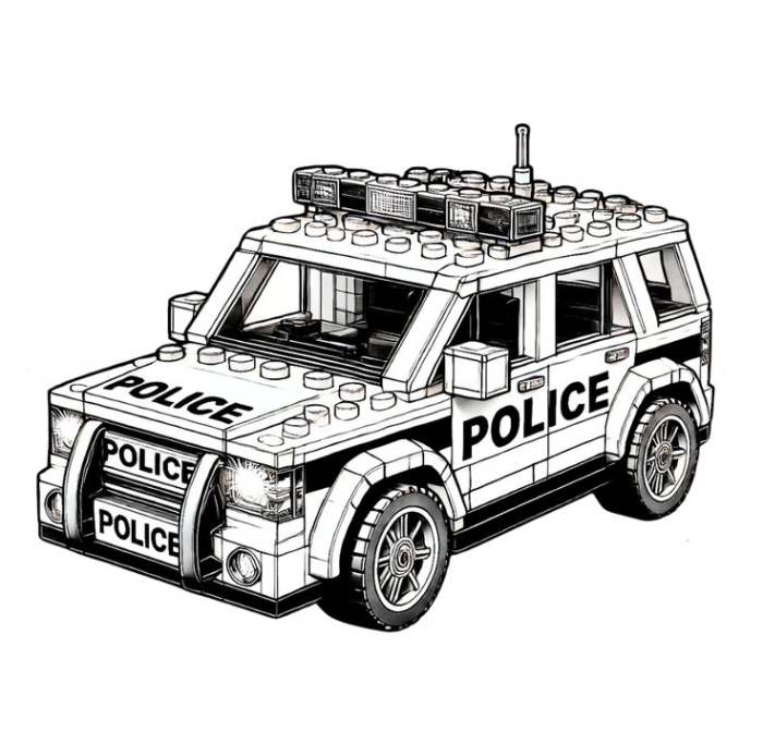 A black and white drawing of a lego police car A black and white drawing of a lego police car