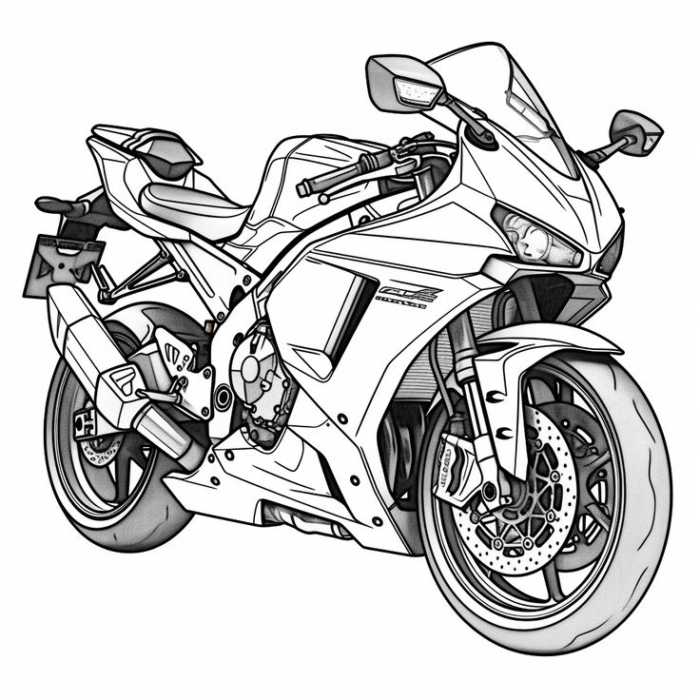 A black and white line drawing of a motorcycle for coloring