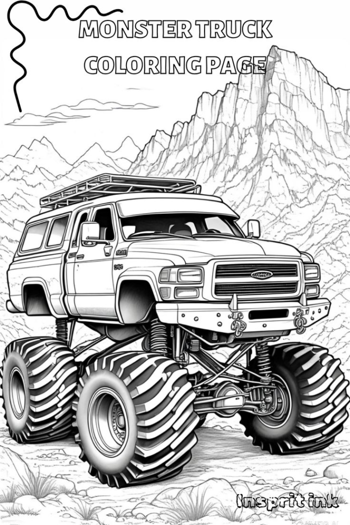 A black and white monster truck coloring page with big wheels A black and white monster truck coloring page with big wheels