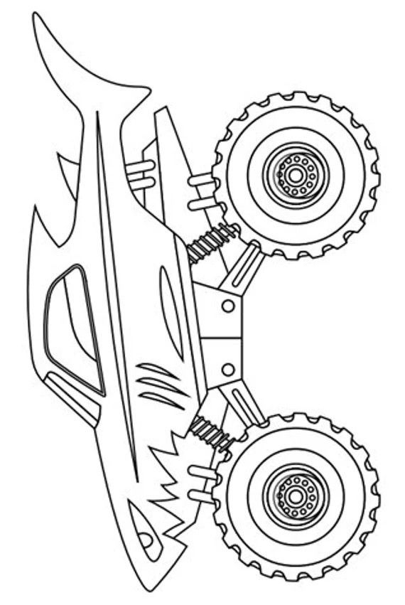 A black and white monster truck coloring page with wheels on each side