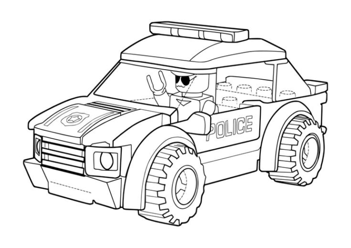 A black and white outline of a lego police car A black and white outline of a lego police car