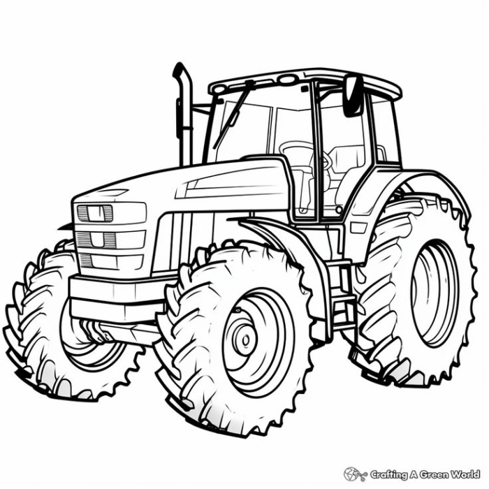 A black and white outline of a tractor with large front wheels facing forward for coloring