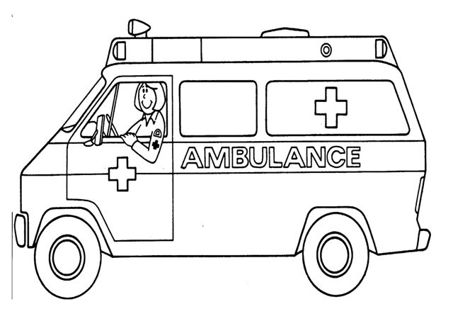 A black and white outline of an ambulance with the word ambulance on its side