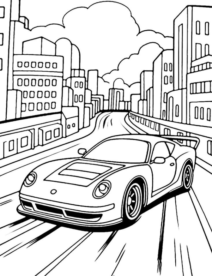 A cartoon car driving on the road with city buildings in the background A cartoon car driving on the road with city buildings in the background