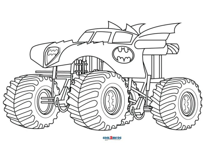 A cartoon monster truck with batman's face on the front and back wheels, outlined for coloring A cartoon monster truck with batman's face on the front and back wheels, outlined for coloring