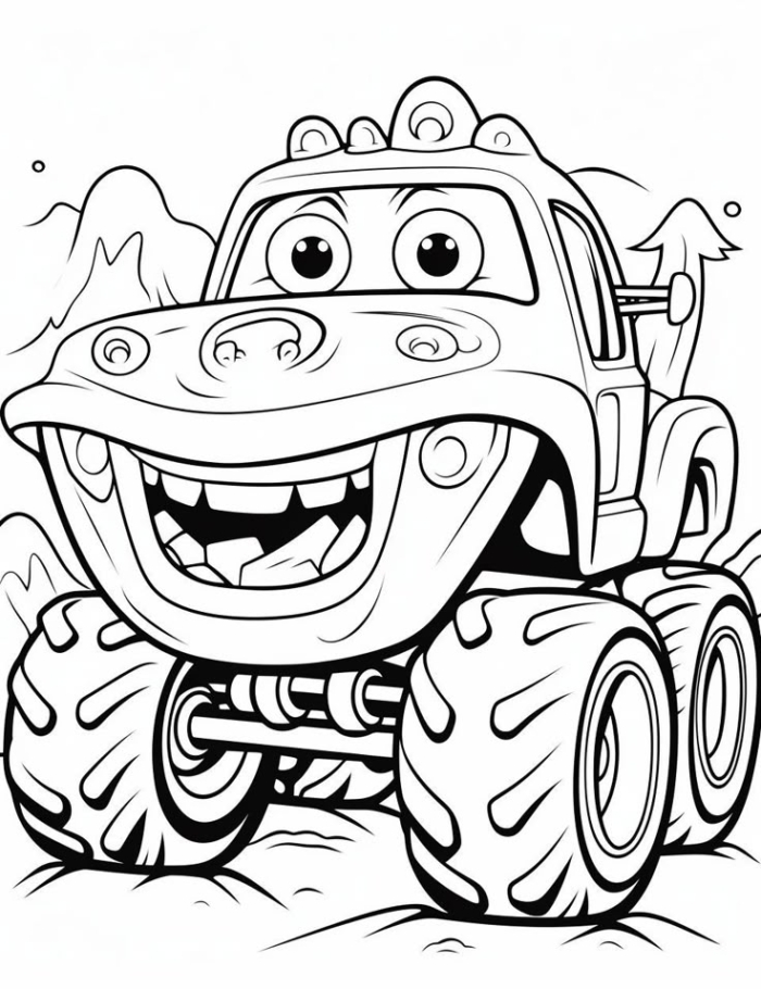 A cartoon monster truck with big eyes and large front tires A cartoon monster truck with big eyes and large front tires
