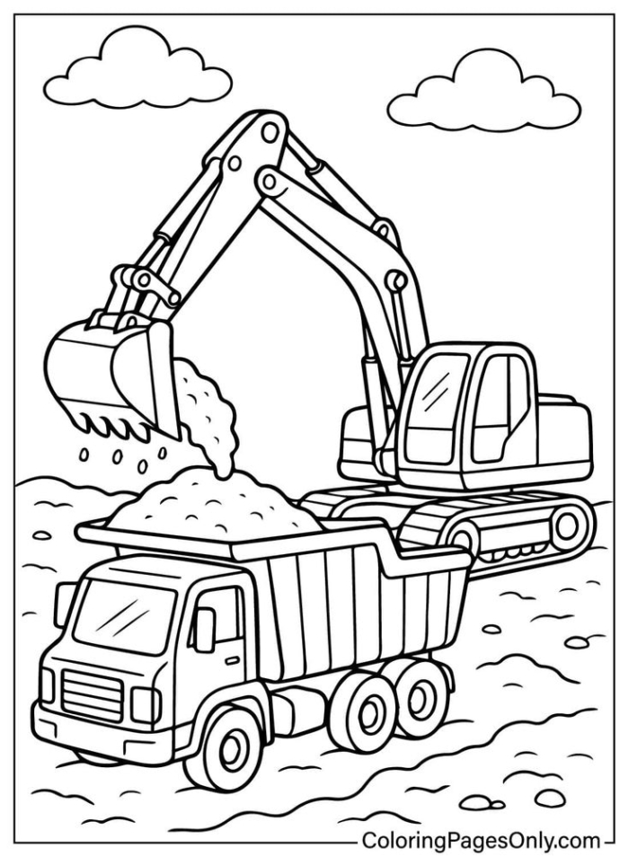 A coloring page featuring a dump truck and a bulldozer in the center